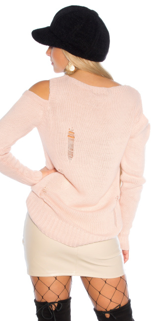Trendy blote schouder trui gebruikte used look roze